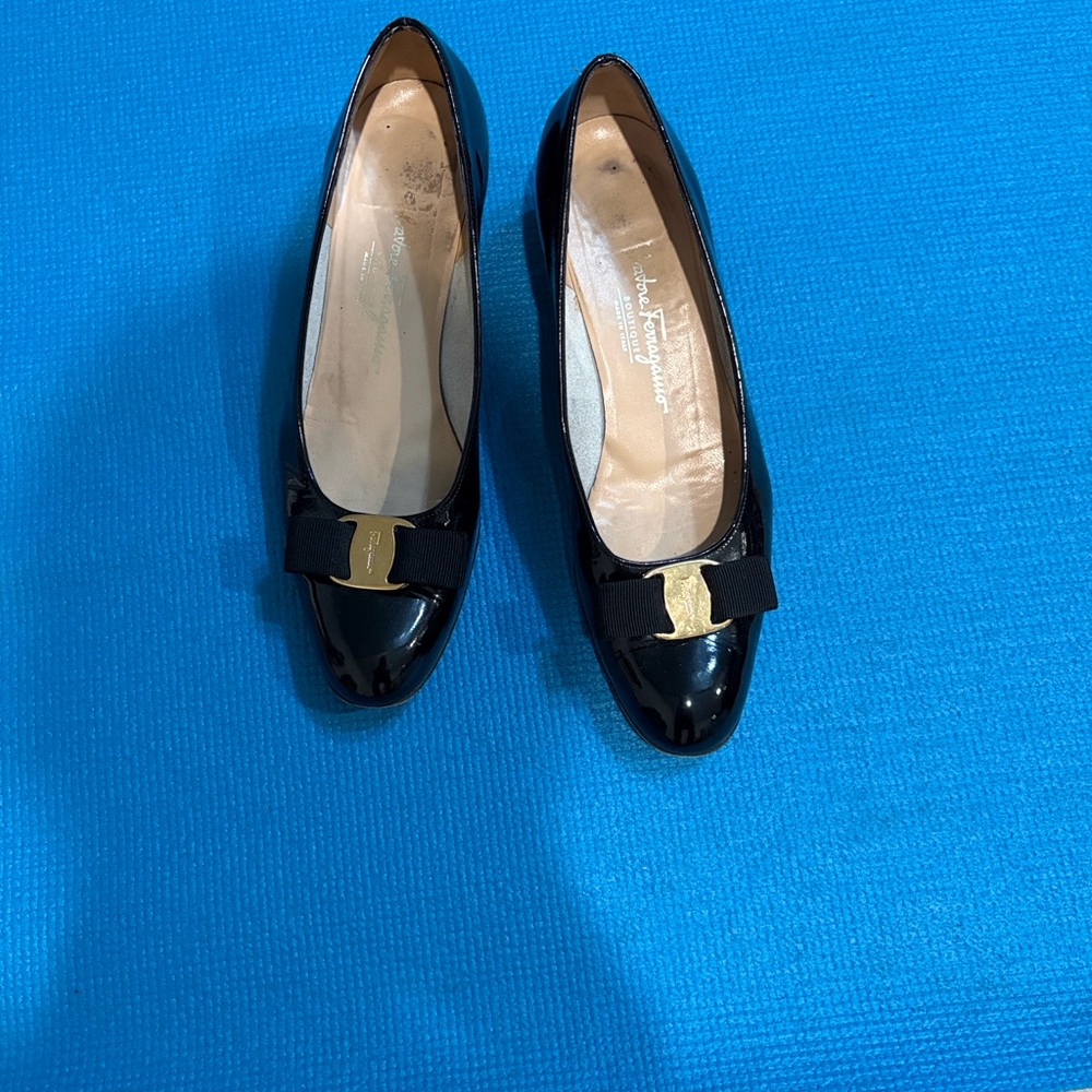 Salvatore Ferragamo Black Patent Vara Bow Flats with Gold Accent
